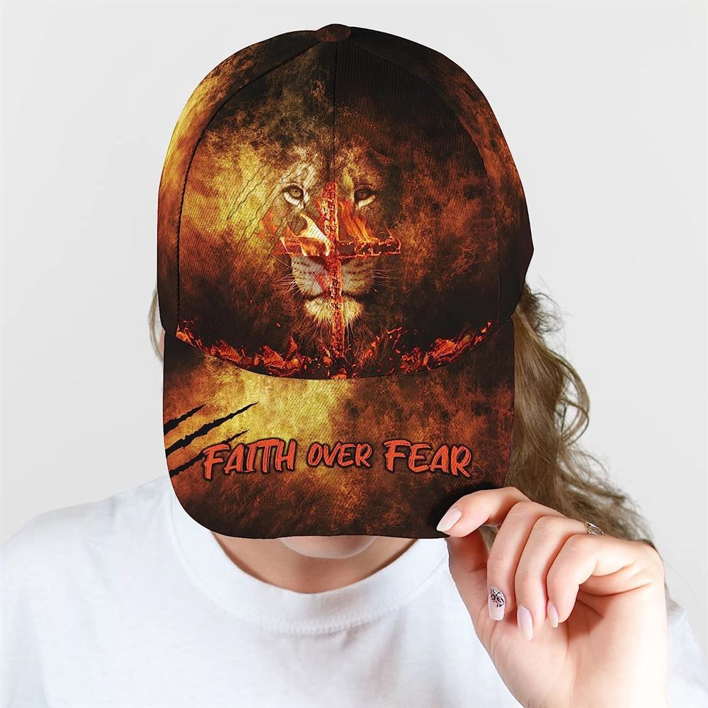 Lion With Christian Cross On Fire Faith Over Fear All Over Print Baseball Cap, God Cap, Gift Ideas For Male