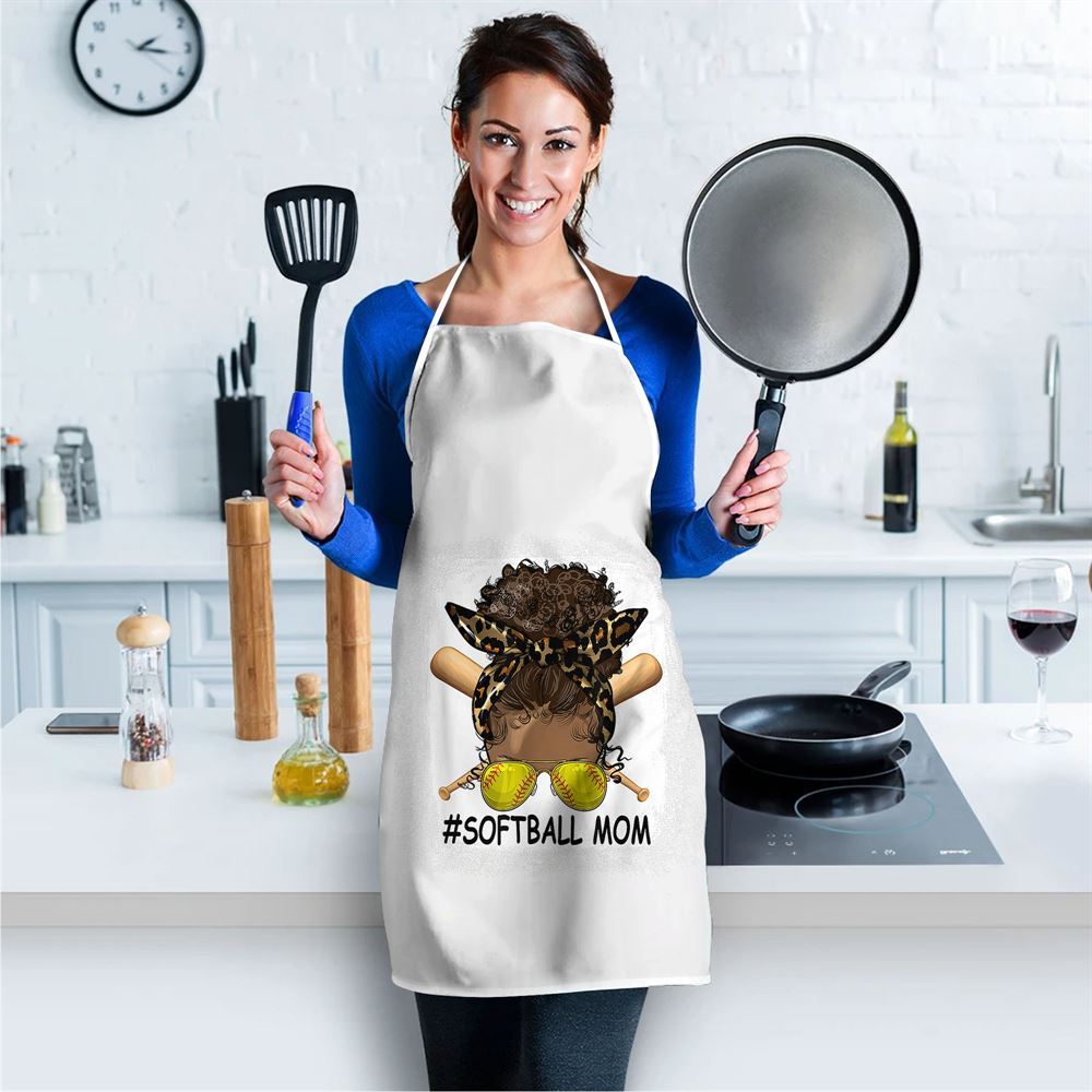 Mother's Day Apron, Afro Messy Bun Softball Mom Leopard Black Mommy Mothers Day Apron, Mom Gift, Mother's Day Gift, Funny Apron For Women