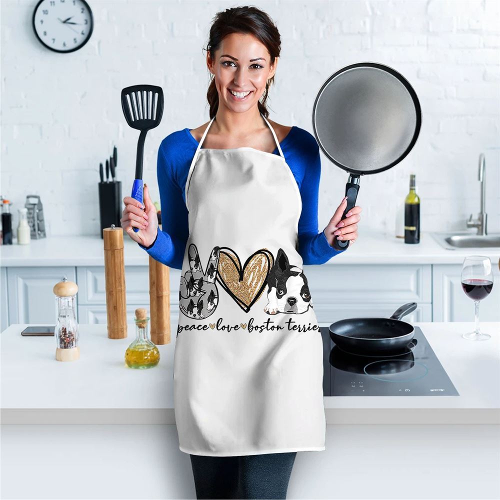Mother's Day Apron, Peace Love Boston Terrier Funny Boston Terrier Lover Dog Mom Apron, Mom Gift, Mother's Day Gift, Funny Apron For Women