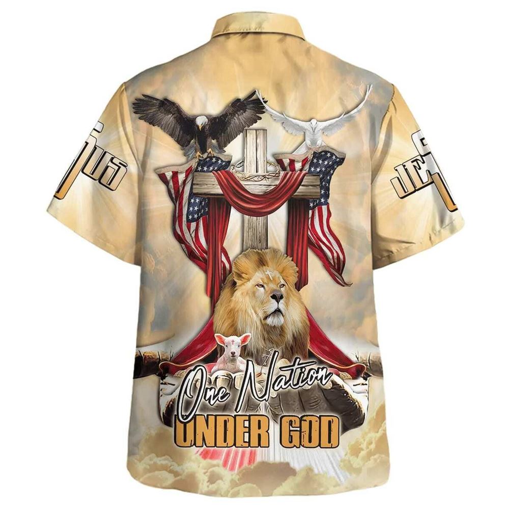One Nation Under God America Flag Lion And The Lamb Jesus Christian Faith Hawaiian Shirt, Christian Hawaiian Shirt, Religious Gift
