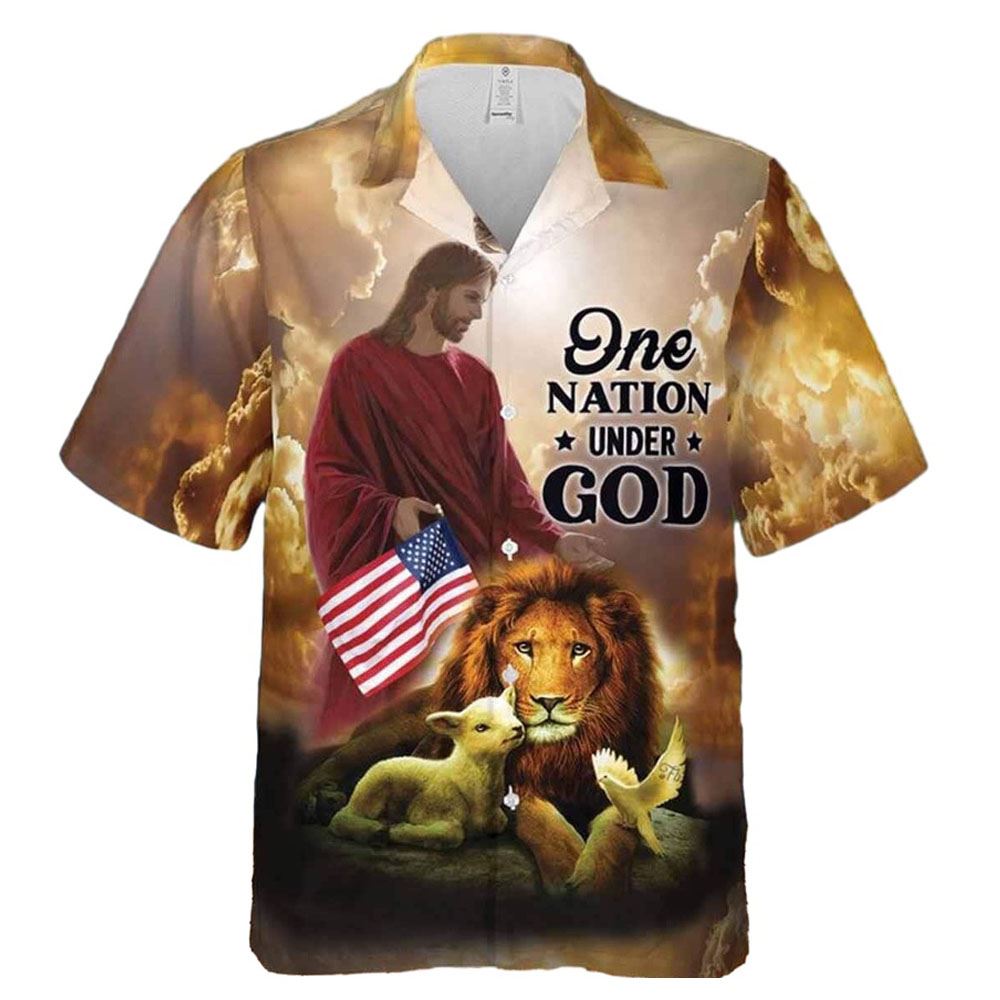 One Nation Under God Jesus Christian US Flag Lion Dove Hawaiian Shirt For Men, Christian Hawaiian Shirt, Gift For Christian