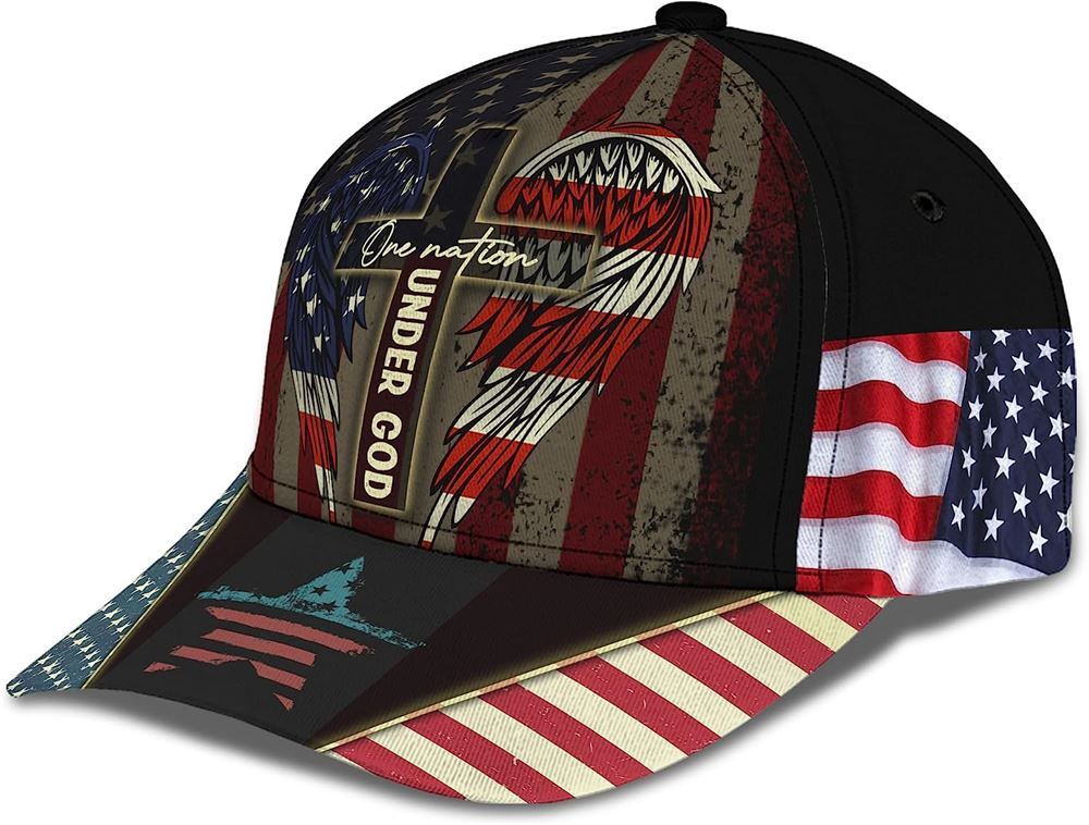 One Nation Under God Usa Flag Angel Wings Christian Cross All Over Print Baseball Cap, God Cap, Gift Ideas For Male