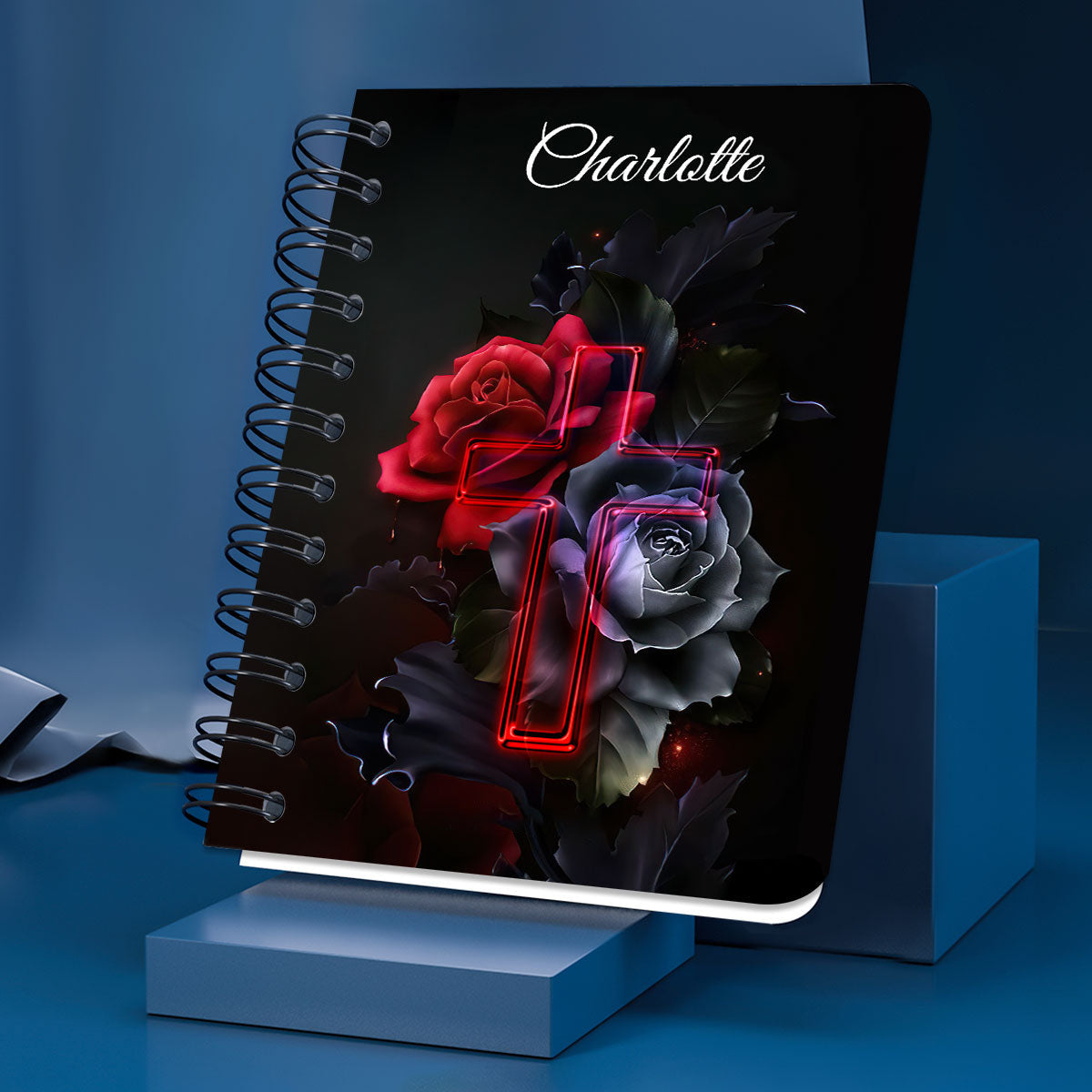 Personalized Spiral Journal Give Thanks To The Lord For He Is Good Psalm 1071 Rose And Cross, Religious Gifts For Christian