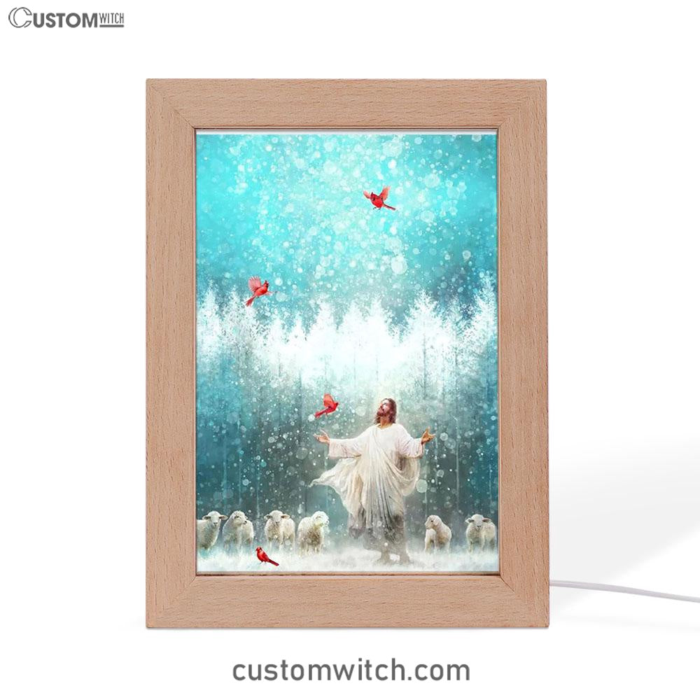 Radiance Jesus And Snow Cardinal Frame Lamp Prints - Jesus Christ Frame Lamp Art - Christian Decor