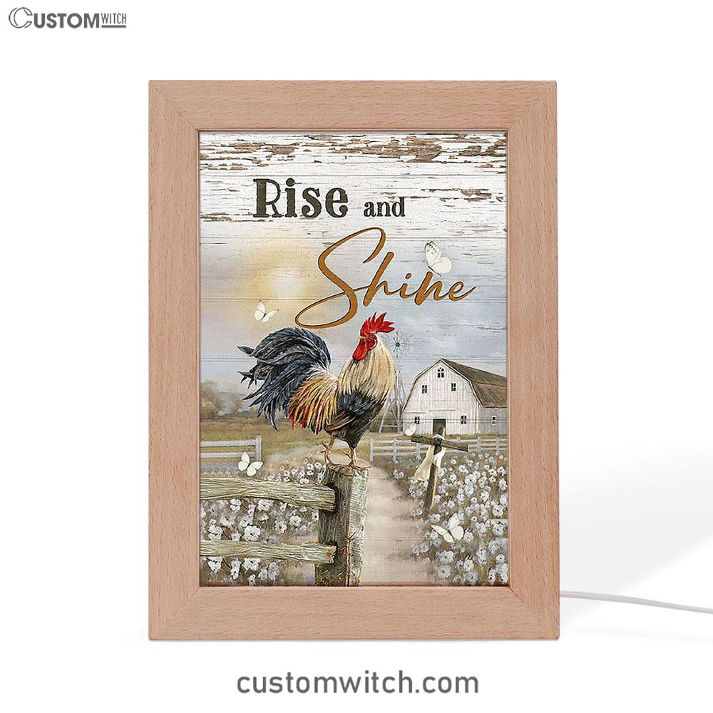 Rooster White Flower Field Sunset Rise And Shine Frame Lamp Art - Christian Night Light - Bible Verse Wooden Lamp