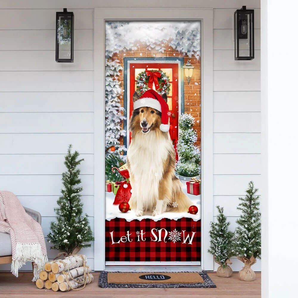 Rough Collie Mery Christmas Door Cover, Christmas Garage Door Covers, Christmas Outdoor Decoration