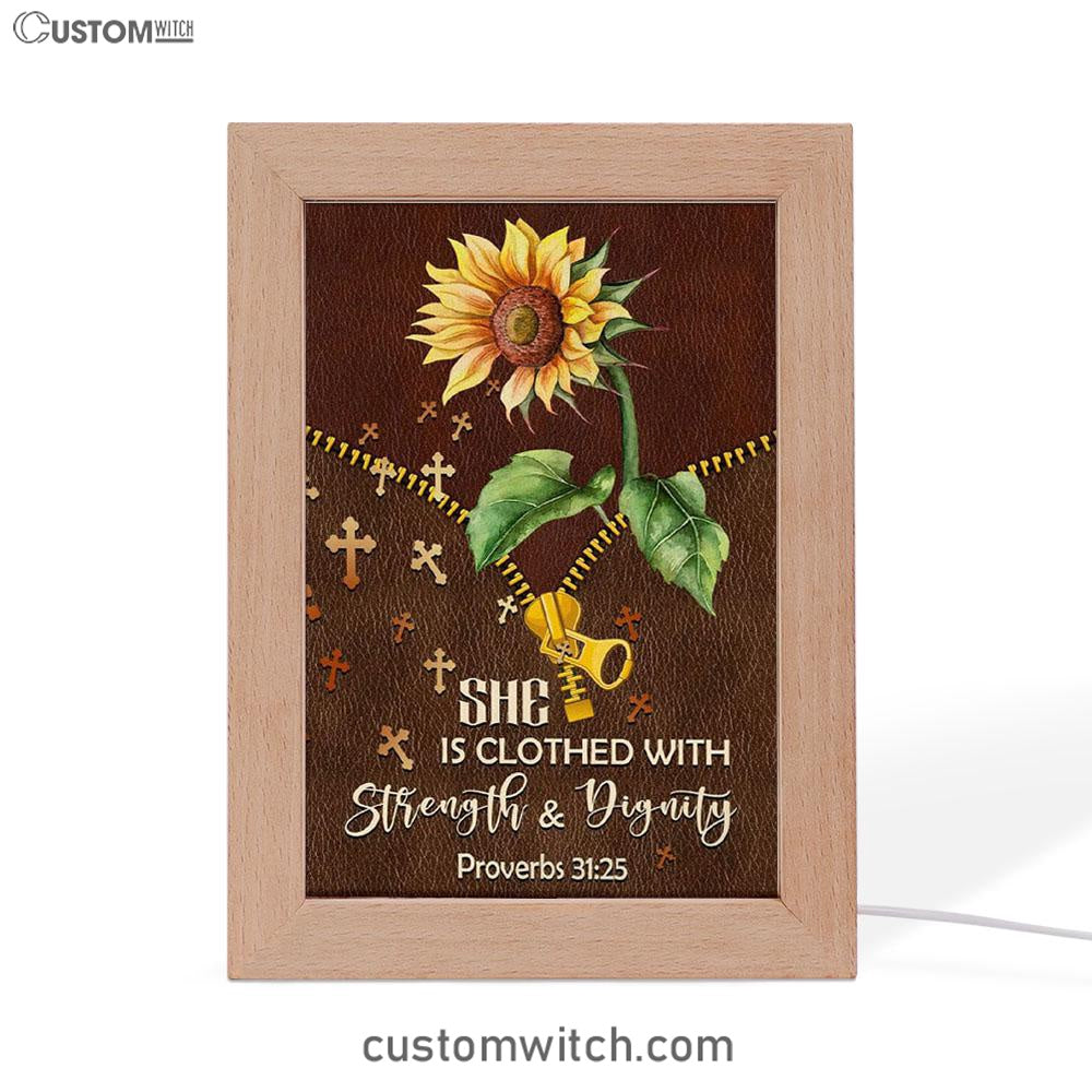 She Is Clothed With Strength And Dignity Sunflower Frame Lamp Prints - Bible Verse Decor - Scripture Art