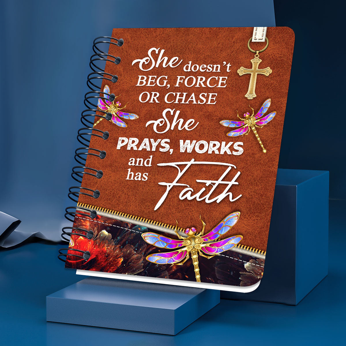 She Prays Works And Has Faith Personalized Dragonfly Spiral Journal, Inspiration Gifts For Christian People