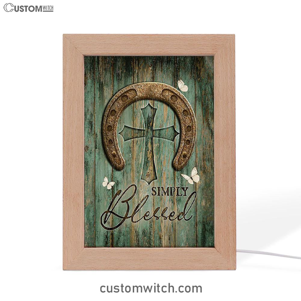 Simply Blessed Horseshoe Cross White Butterfly Frame Lamp Art - Christian Night Light - Bible Verse Wooden Lamp