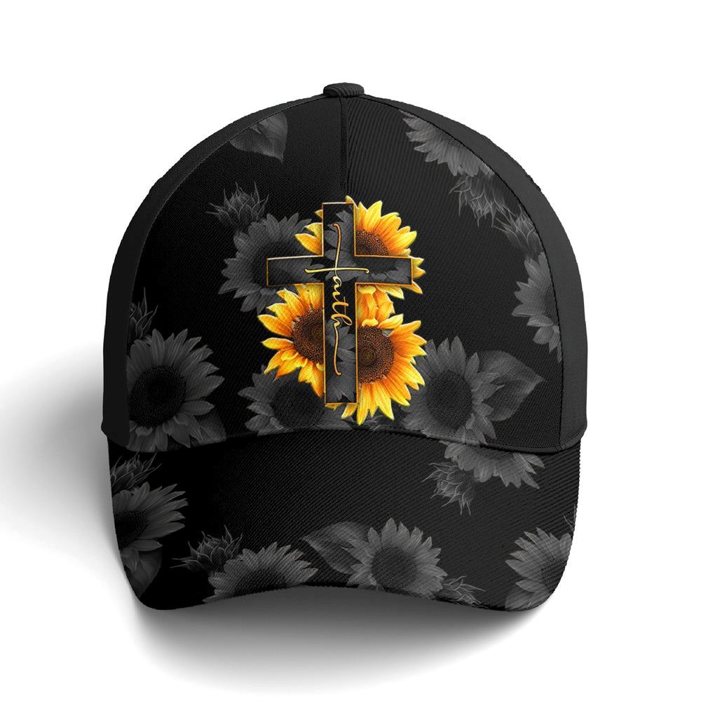 Sunflower Faith Floral Black All Over Print Baseball Cap, God Cap, Gift Ideas For Male