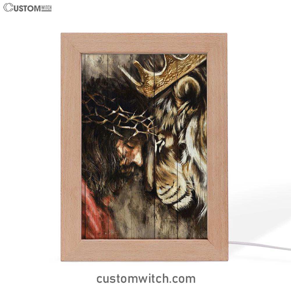The Combination Of Jesus And Lion Frame Lamp Prints - Jesus Christ Frame Lamp Art - Christian Decor