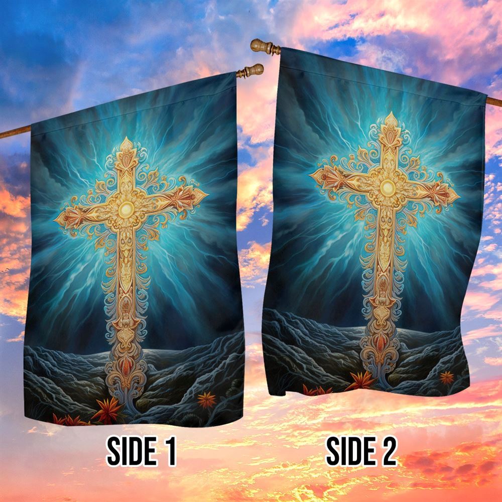 The Golden Cross Amidst Ethereal Skies Flag, Christian Christmas House Flag, Christmas Outdoor Decor Ideas