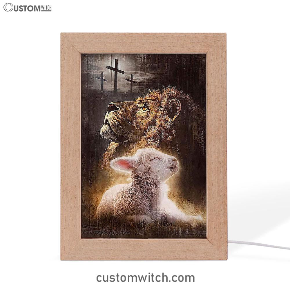 The King Lion Lamb Cross Frame Lamp Prints - Lion Frame Lamp Art - Christian Inspirational Frame Lamp