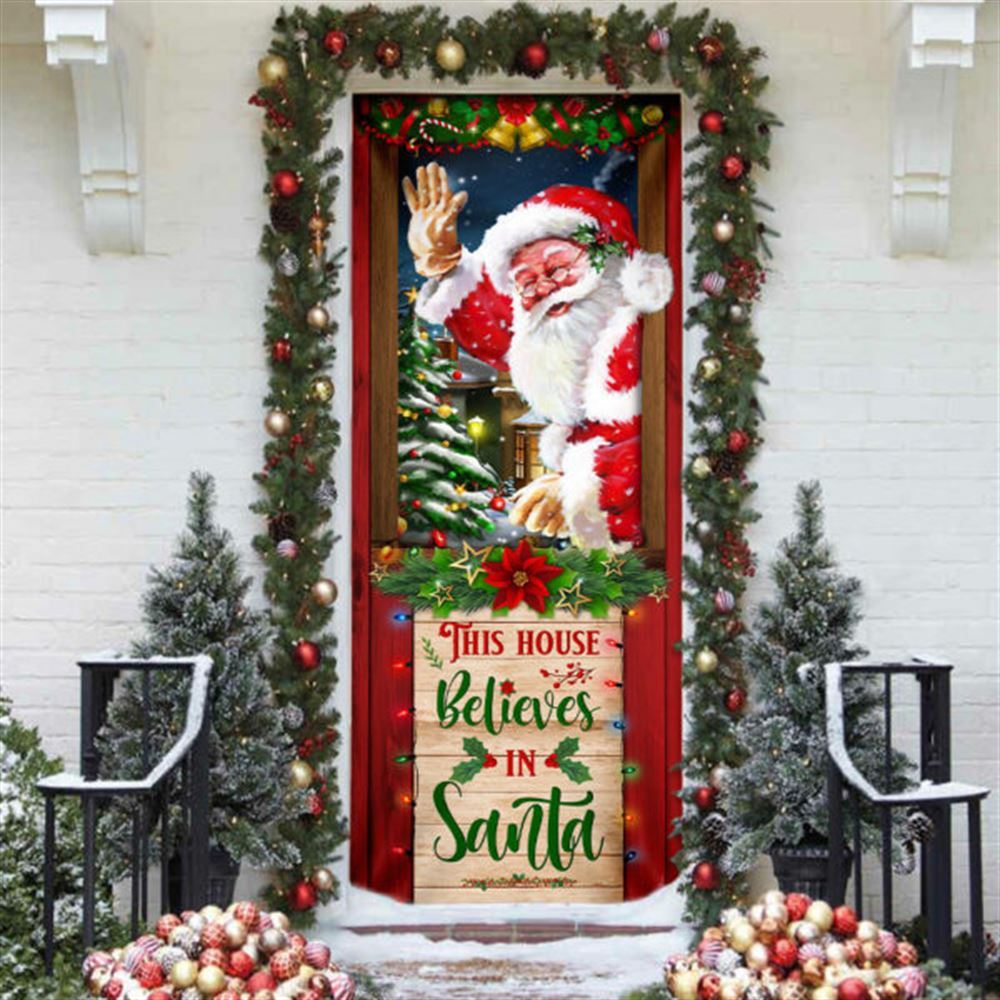 This House Believes In Santa Door Cover, Santa Claus Door Cover, Christmas Door Knob Covers, Christmas Outdoor Decoration