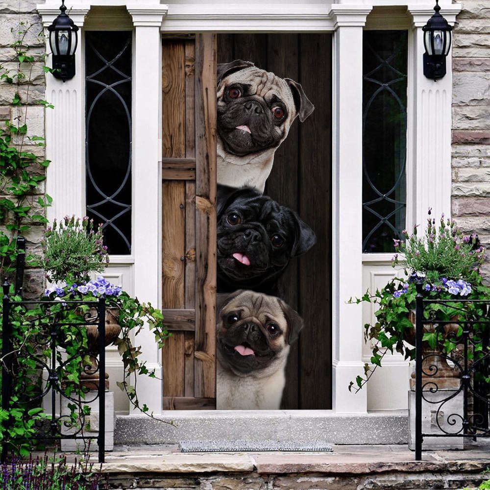 Three Pugs Cute Christmas Door Cover Christmas Gift Home Decor, Christmas Garage Door Covers, Christmas Outdoor Decoration