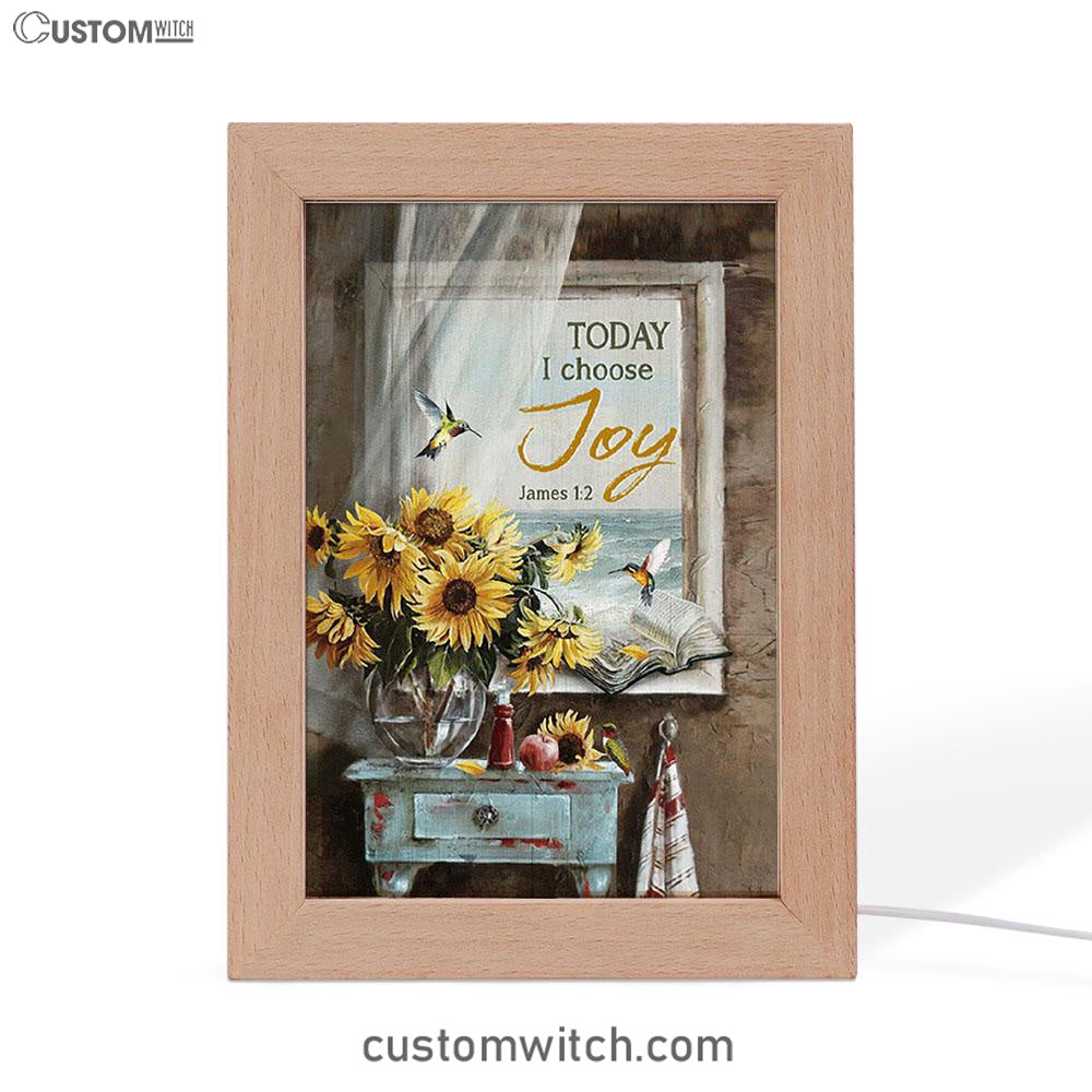 Today I Choose Joy Sunflower Vase Hummingbird Frame Lamp Art - Christian Night Light - Bible Verse Wooden Lamp