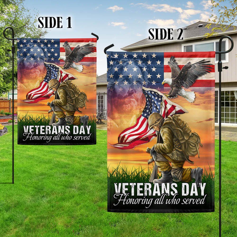 Veterans Day Honoring All Who Served Kneeling Soldier American Flag, Outdoor House Flags, Christian Flag, Scripture Flag, Garden Banner