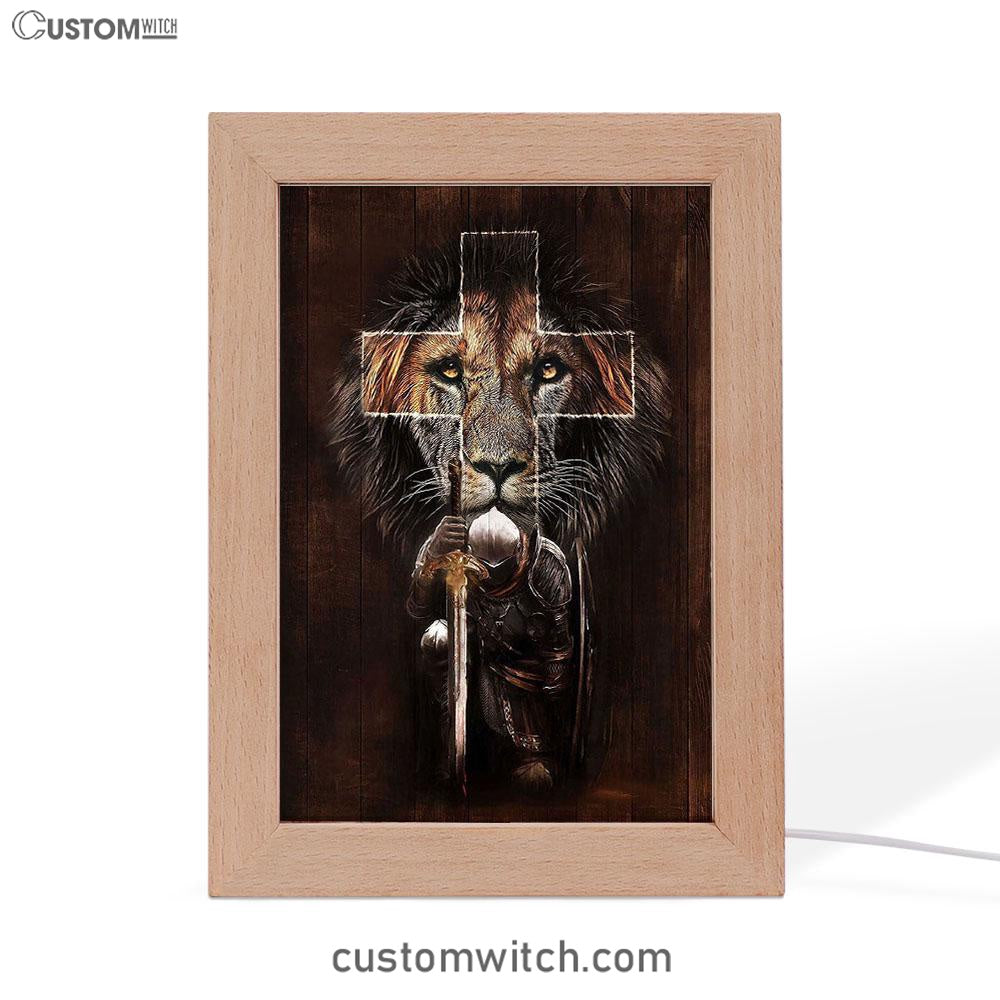 Warrior Black Lion Cross Frame Lamp Art - Christian Art - Bible Verse Art - Religious Home Decor