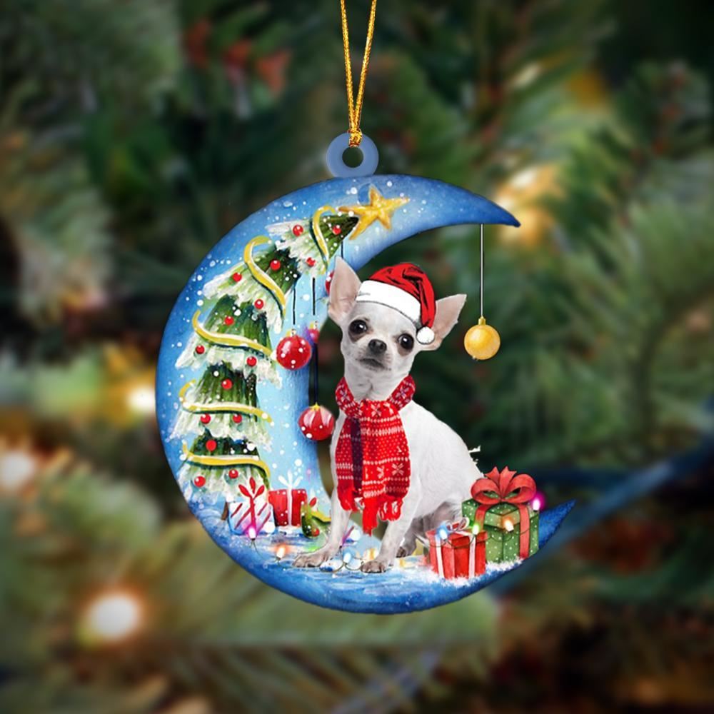 White Chihuahua Sits On The Moon Merry Christmas Hanging Ornament, Christmas Gift, Christmas Tree Decorations, Christmas Ornament 2023