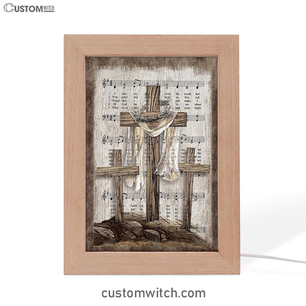 Wooden Cross Amazing Grace Lyrics Frame Lamp Art - Christian Art - Bible Verse Art - Religious Home Decor