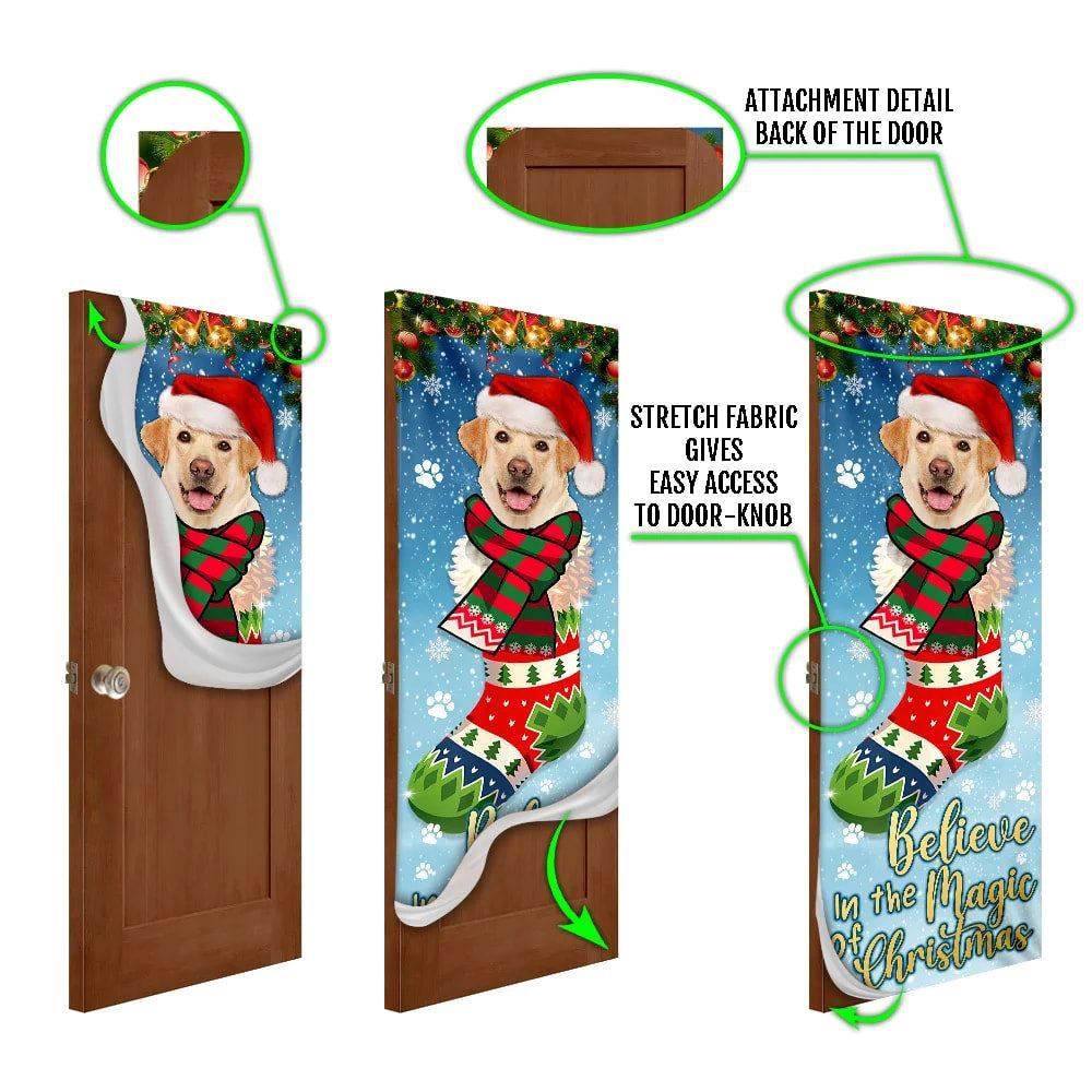Yellow Lab In Sock Door Cover Believe In The Magic Of Christmas Labrador Retriever, Christmas Garage Door Covers, Christmas Outdoor Decoration
