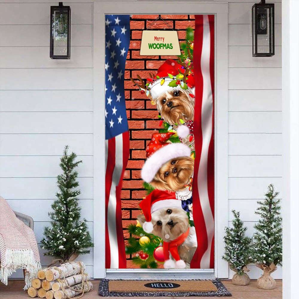Yorkie Merry Woofmas Door Cover, Best American Christmas Decorations, Christmas Garage Door Covers, Christmas Outdoor Decoration