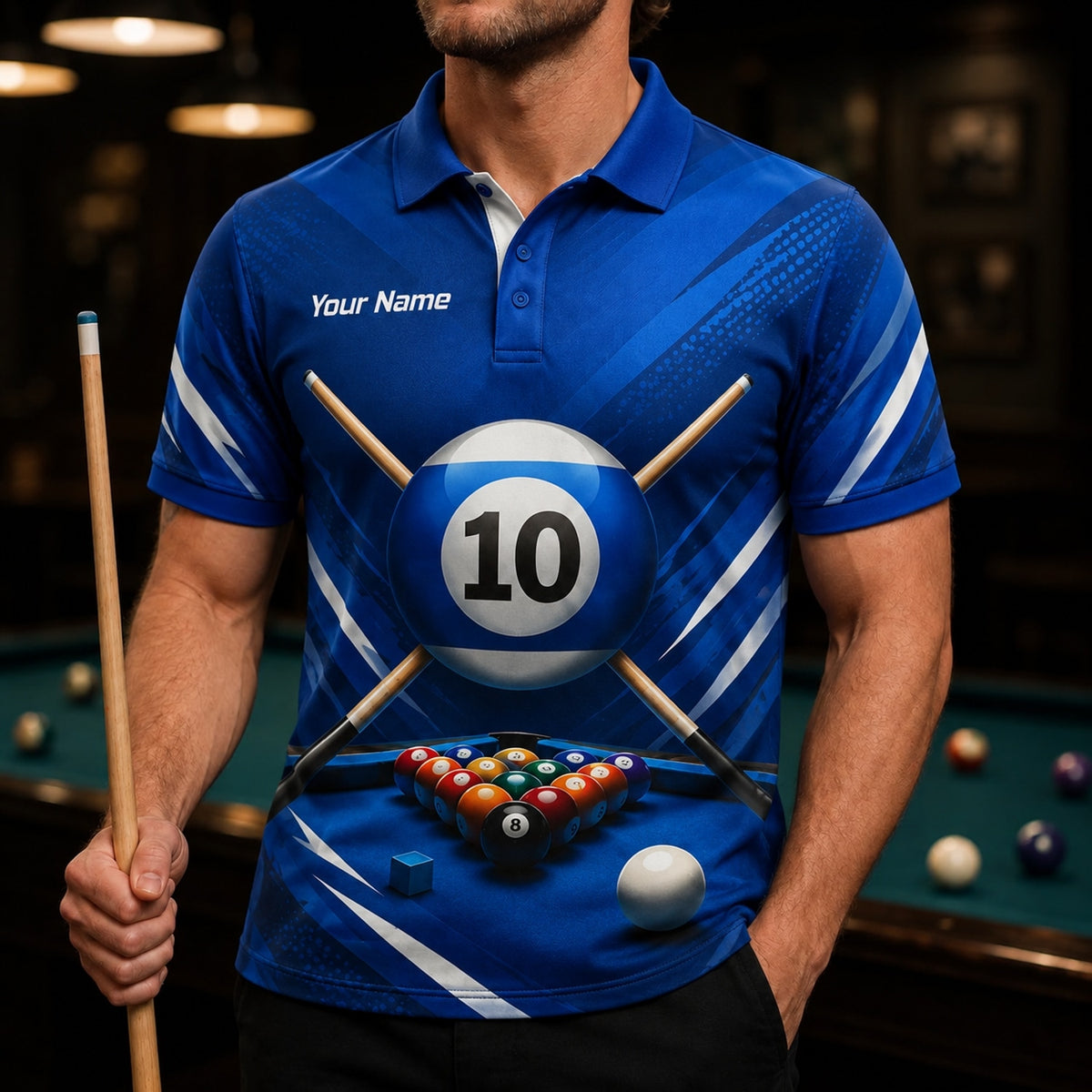 10 Ball Crossed Cues Sport Personalized Billiard Polo Shirt Front View