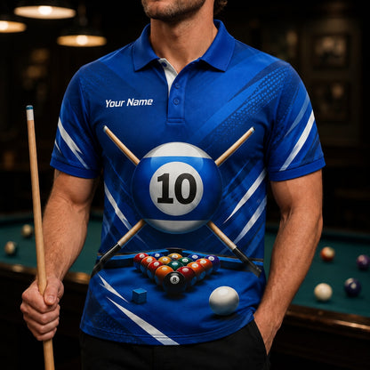 10 Ball Crossed Cues Sport Personalized Billiard Polo Shirt Front View