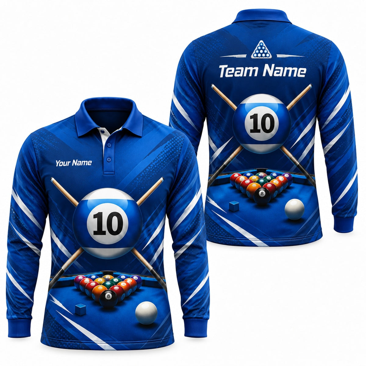 10 Ball Crossed Cues Sport Personalized Billiard Polo Shirt Long Sleeve Polo