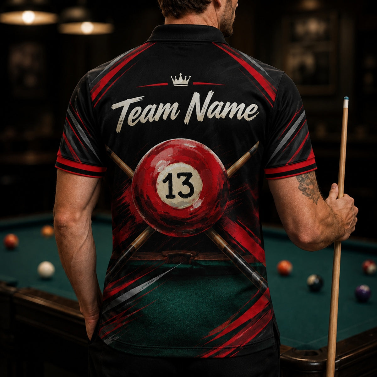 13 Ball Billiards Sport Custom Billiard Polo Shirt Back View