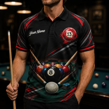 13 Ball Billiards Sport Custom Billiard Polo Shirt Front View