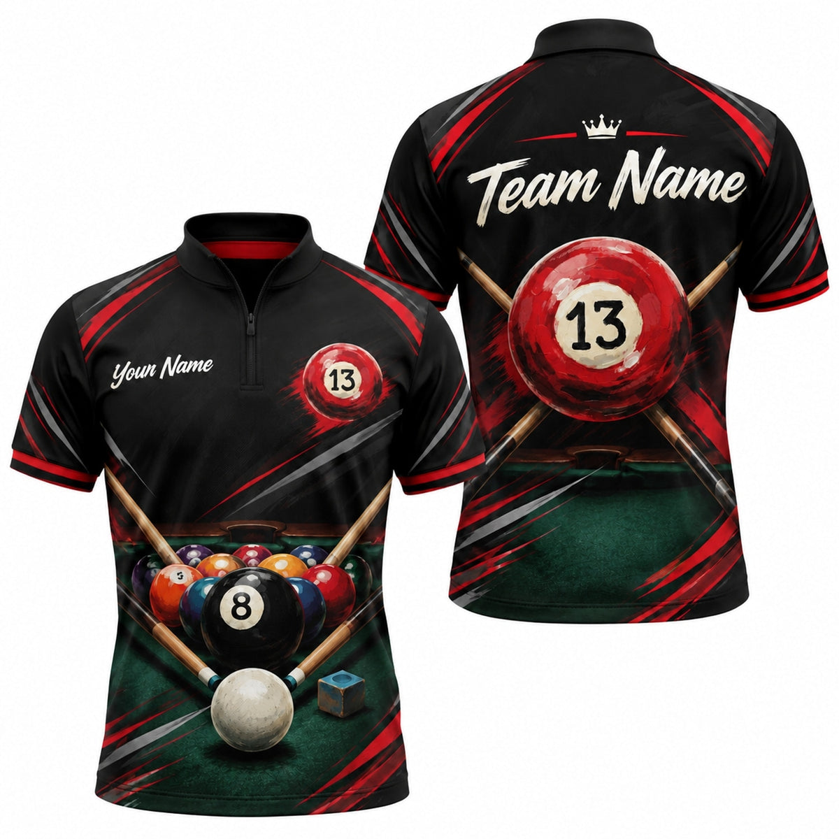 13 Ball Billiards Sport Custom Billiard Polo Shirt Jersey Zip 1 4 Collar
