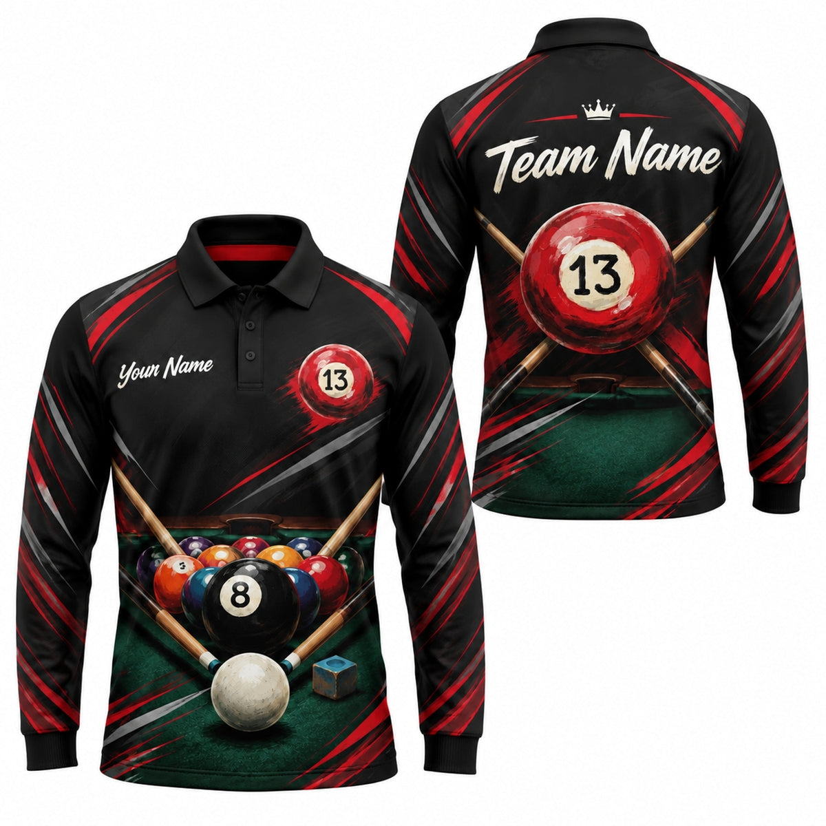 13 Ball Billiards Sport Custom Billiard Polo Shirt Long Sleeve Polo