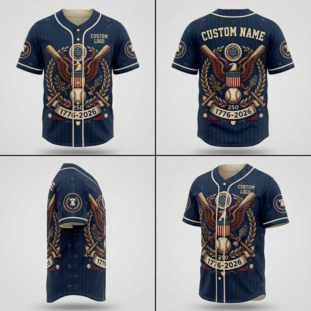 Product grid showing multiple views of the 1776-2026 eagle baseball jersey