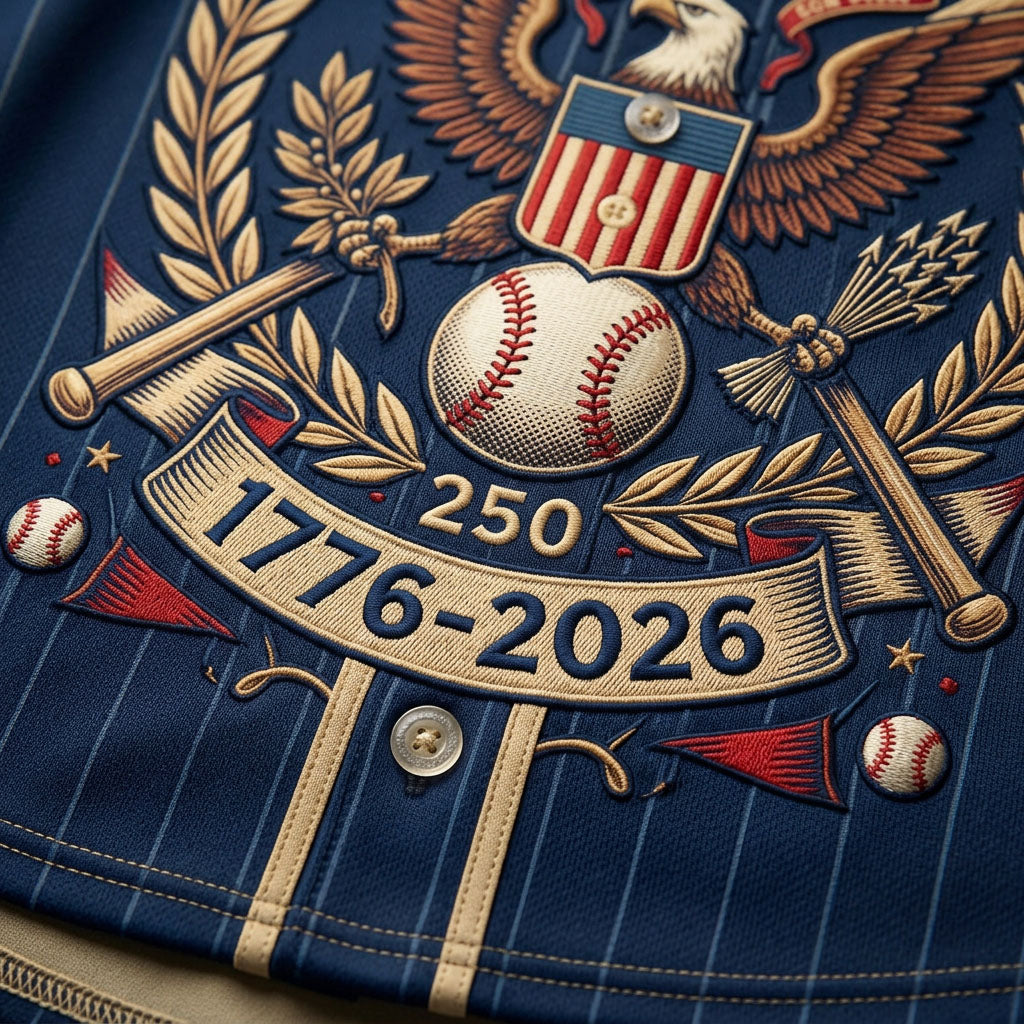 Detailed embroidery closeup of 1776-2026 eagle and baseball graphic on jersey