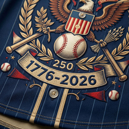 Detailed embroidery closeup of 1776-2026 eagle and baseball graphic on jersey