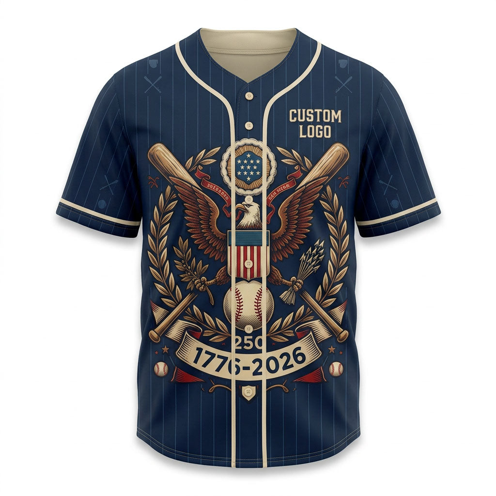 Flatlay view of the 1776-2026 patriotic baseball jersey with eagle design