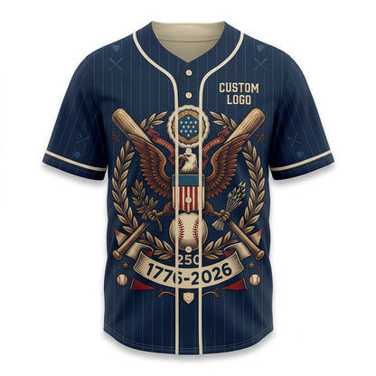 Flatlay view of the 1776-2026 patriotic baseball jersey with eagle design