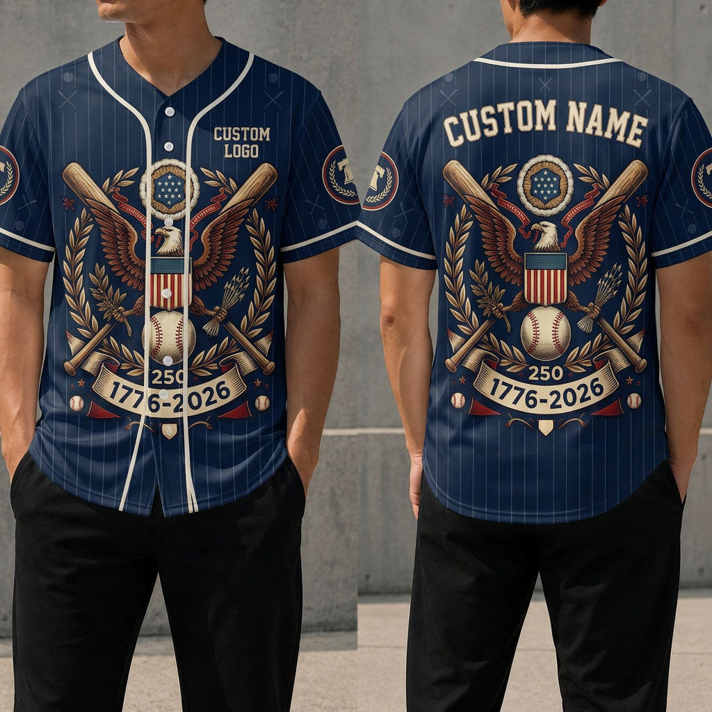 Front and back view of the blue 1776-2026 patriotic eagle custom baseball jersey