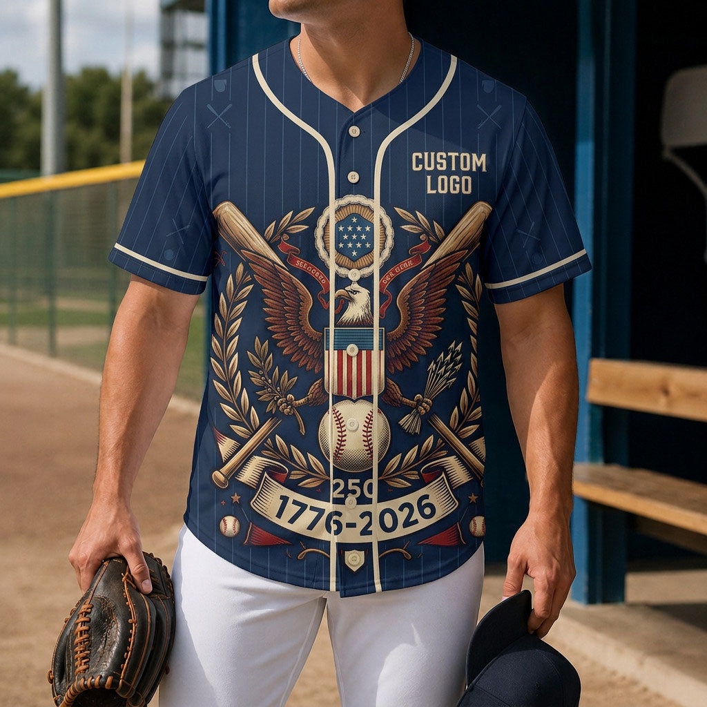 Model wearing a 1776-2026 patriotic eagle baseball jersey at a sports field
