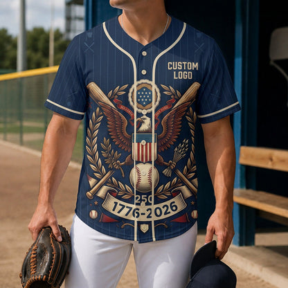 Model wearing a 1776-2026 patriotic eagle baseball jersey at a sports field