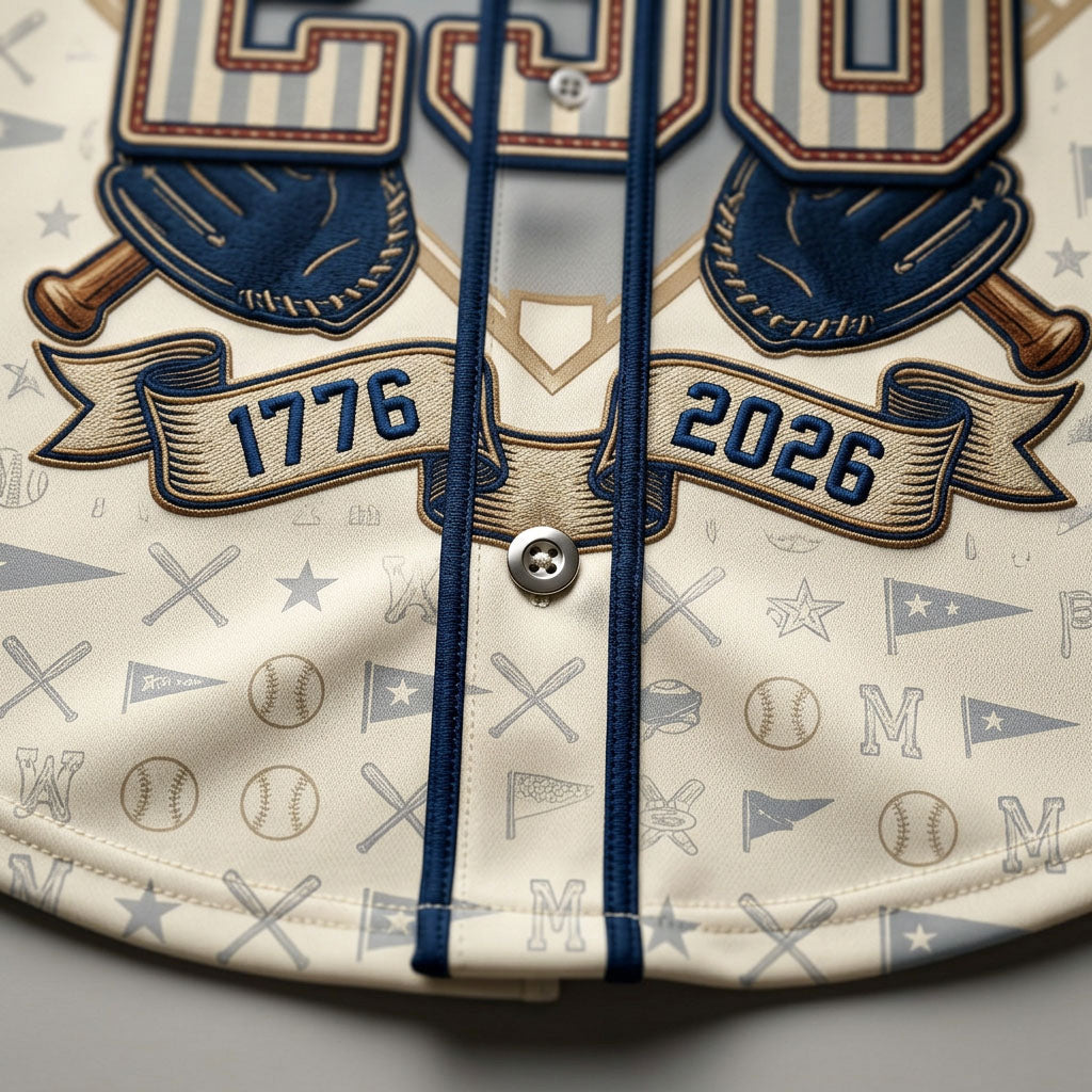 Detailed closeup of 1776-2026 graphic and baseball embroidery