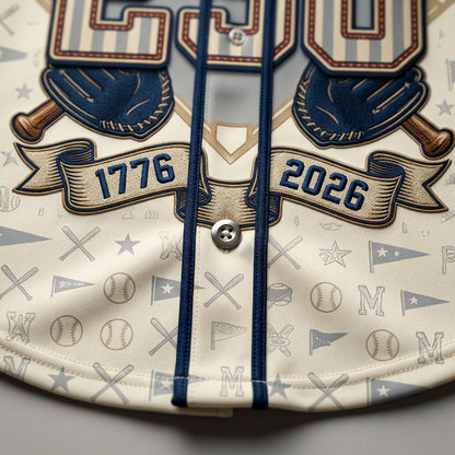 Detailed closeup of 1776-2026 graphic and baseball embroidery