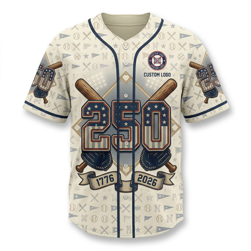 Flatlay view of the patriotic 1776-2026 baseball jersey