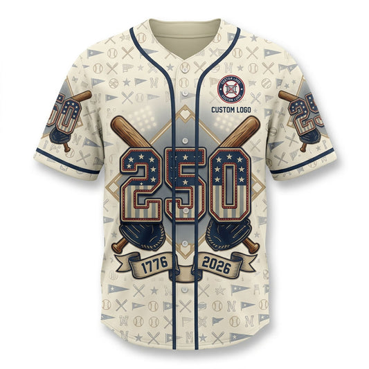 Flatlay view of the patriotic 1776-2026 baseball jersey