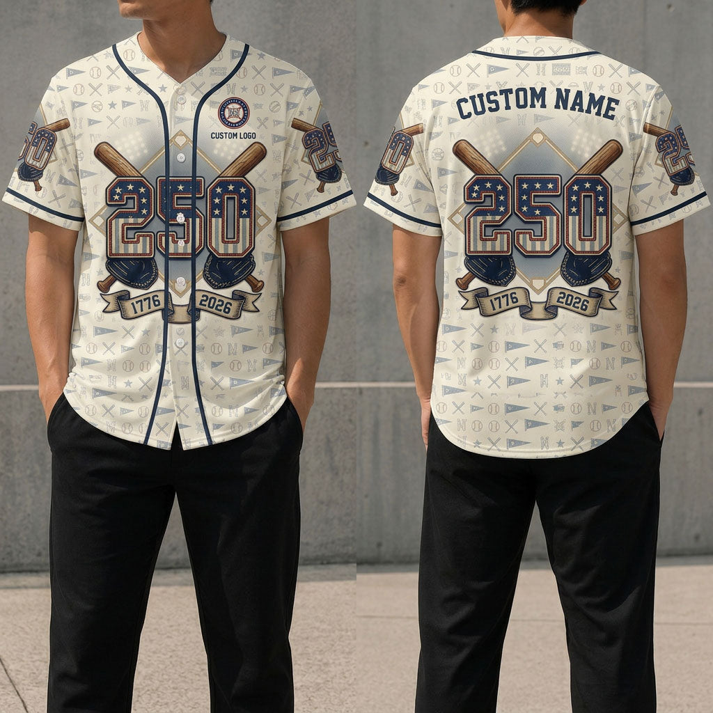 Front and back view of the 1776-2026 custom baseball jersey