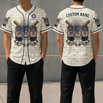 Front and back view of the 1776-2026 custom baseball jersey