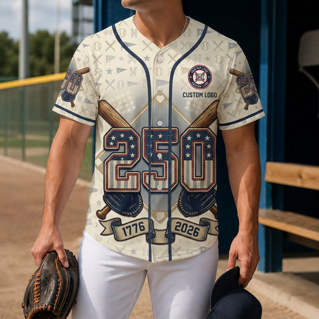 Model wearing a 1776-2026 baseball jersey at a sports field