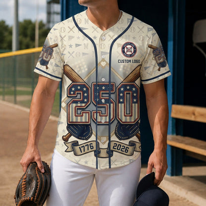 Model wearing a 1776-2026 baseball jersey at a sports field