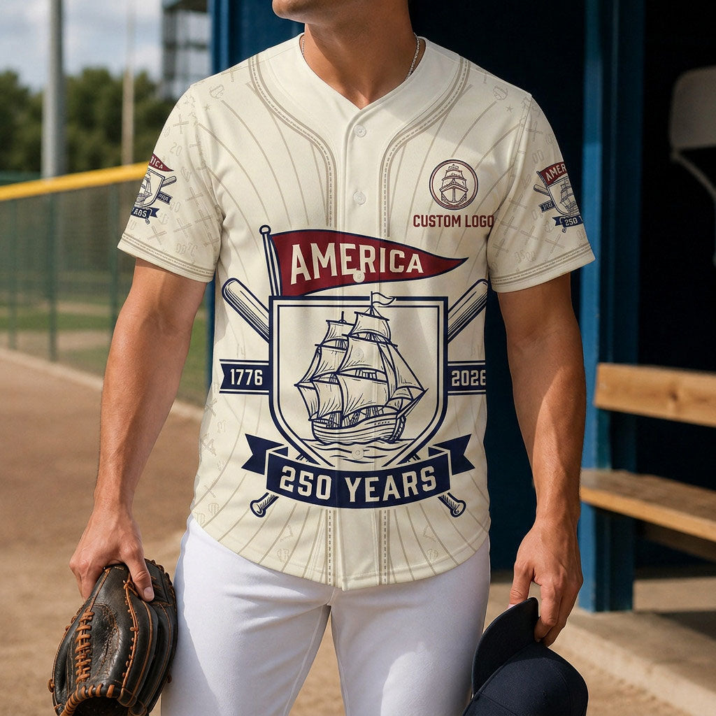 Model wearing America 250 Years vintage style baseball jersey at a field